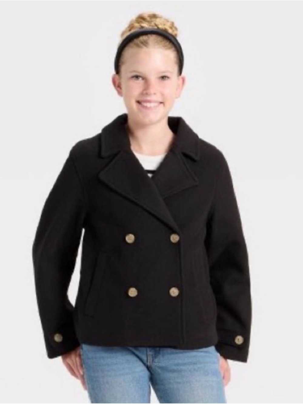 art class Black Double-Breasted Peacoat for Kids
